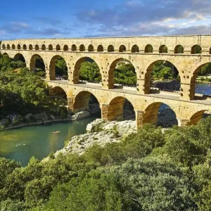 antiquity, attraction, blue sky, bridge, cloudless, column, cropped, french, gardon