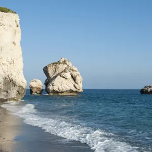Aphrodites Rock, Petra tou Romiou, birthplace of the goddess Aphrodite, Greek mythology, white rocks on the beach, eastern Mediterranean sea, Cyprus, Europe Aphrodites Rock, Petra tou Romiou, birthplace of the goddess Aphrodite, Greek mythology, white rocks on the beach, eastern Mediterranean sea, Cyprus, Europe