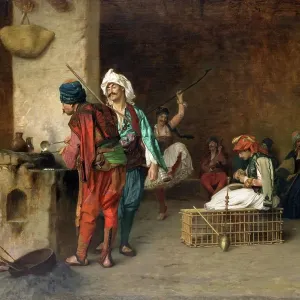 Arab in a coffee house in Cairo, balls are being cast at the stove, 1850, Egypt, Historic, digitally restored reproduction from a 19th century original Arab in a coffee house in Cairo, balls are being cast at the stove, 1850, Egypt, Historic, digitally restored reproduction from a 19th century original