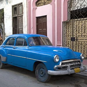 architecture, blue, car, chevrolet, chevy, color image, cuba, day, havana, heritage