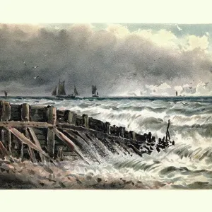 Art, Costal Landscape, Old Groin at Hastings, 19th Century Art, Costal Landscape, Old Groin at Hastings, 19th Century