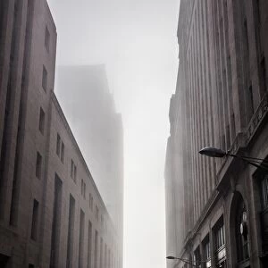 art deco buildings in shanghai bund in a foggy morning