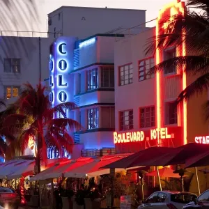 Art Deco Hotels at Dusk, Miami, Florida, USA Art Deco Hotels at Dusk, Miami, Florida, USA