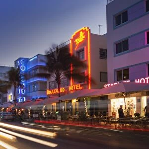 Art Deco hotels on Ocean Drive at dusk