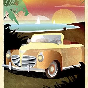 Art Deco style Paradise classic convertible car poster design