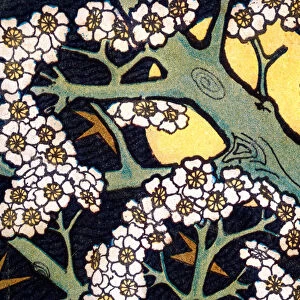 Art Nouveau, Golden moon behind a blossoming tree, blossom, Vintage illustration 1890s