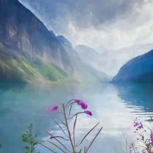 Artistic, Textured Image Featuring Lake Louise and Pink Purple Flowers Artistic, Textured Image Featuring Lake Louise and Pink Purple Flowers