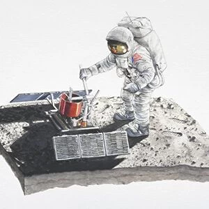 Astronaut taking a reading from a machine
