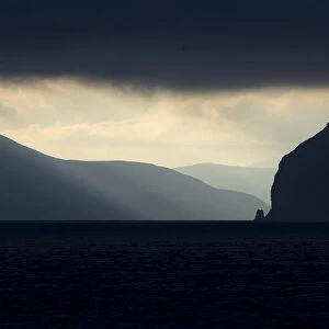 Atmospheric clouds, ferry passage from Gamlaraett, Streymoy, to Skopun, Sandoy, Faroe Islands, Denmark
