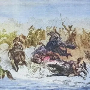 Attack of the 13th Prussian Hussar Regiment on French cuirassiers at Beaumont, illustrated war chronicle 1870-1871, Franco-German campaign, Germany, France Attack of the 13th Prussian Hussar Regiment on French cuirassiers at Beaumont, illustrated war chronicle 1870-1871, Franco-German campaign, Germany, France
