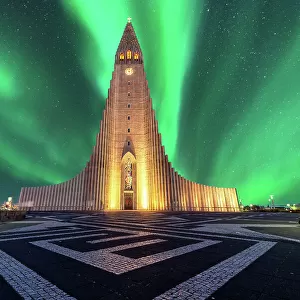 aurora borealis above hallgrimskirkja church in central of reykjavik city capital city in Iceland
