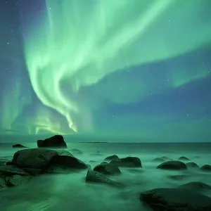 Aurora borealis over Uttakleiv beach Aurora borealis over Uttakleiv beach