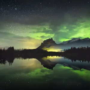 The aurora reflected in a small lake below Castle Mountain as a train light goes by, Banff National Park, Alberta, Canada The aurora reflected in a small lake below Castle Mountain as a train light goes by, Banff National Park, Alberta, Canada