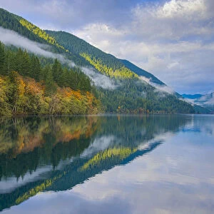 Autumn forest reflecting in Crescent Lake, Olympic National Park, Washington State, USA