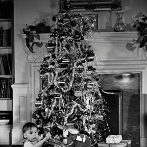 Baby beside a Christmas tree