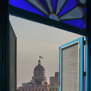 Balcony doors over cityscape, Havana, Cuba