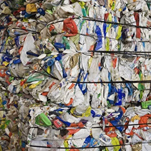 Bales of recyclable plastic containers at a sorting centre, Quebec, Canada