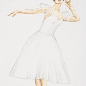 Ballerina in white calf-length dress dancing on pointes, front view