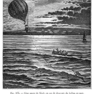 Balloon descending on the sea engraving 1881