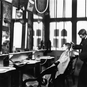 Early 20th Century Print of a Barbershop Scene Early 20th Century Print of a Barbershop Scene