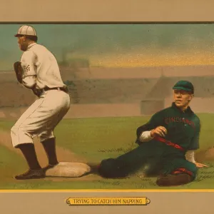 Baseball Card Titled Trying to Catch Him Napping