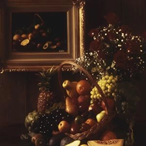 Basket full of fruits and vegetables with vase on table