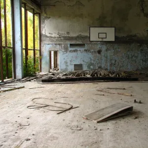 A basketball court in ruins at the Chernobyl nucle