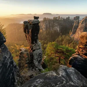 Bastion view with Wehlnadel, Elbe Sandstone Mountains, Saxon Switzerland, Germany Bastion view with Wehlnadel, Elbe Sandstone Mountains, Saxon Switzerland, Germany