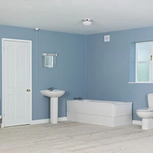 Bathroom, sink, bath, toilet, window, blue walls, shower cubicle, closed door, mirror, wooden flooring
