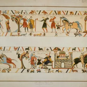 Bayeux Tapestry Scene - messengers inform William the Conqueror future King Harold II has been taken prisoner