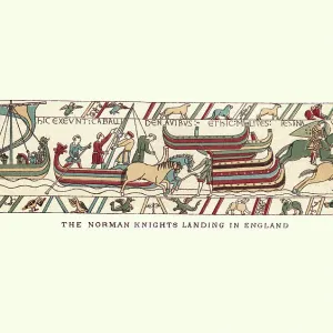 Bayeux Tapestry showing Norman knights landing in England, 1066
