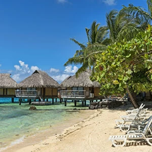 Beach, overwater bungalows, Bora Bora, French Polynesia