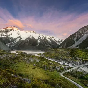 Beautiful landscape bridge over Hooker river in Aoraki national park in New Zealand