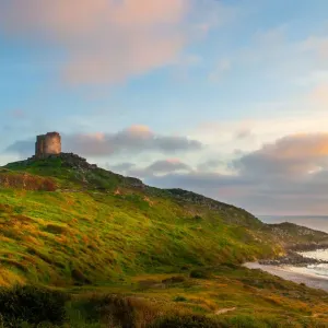 Beautiful view of the Spanish Tower or Old tower in Tharros on the San Marco cape