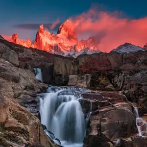 Beautiful view with waterfall and Fitz Roy mountain. Patagonia, Argentina Beautiful view with waterfall and Fitz Roy mountain. Patagonia, Argentina