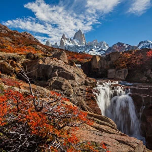 Beautiful waterfall and Mount Fitz Roy. Patagonia, Argentina