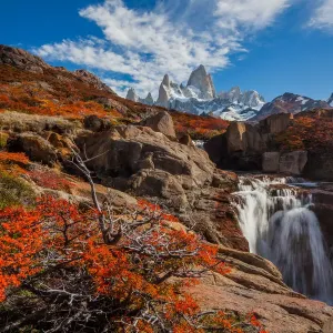 Beautiful waterfall and Mount Fitz Roy. Patagonia, Argentina