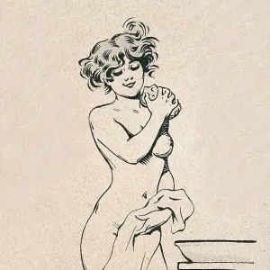 Beautiful young woman washing wish sponge and water in a bowl, Belle Epoque period, French 1890s, 19th Century