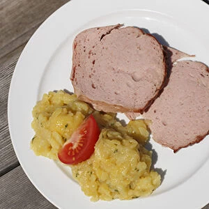 Beef and pork loaf with potato salad, Upper Bavaria, Bavaria, Germany, Europe