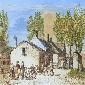 Belgian outpost at the railway viaduct on the Belgian-French border, illustrated war chronicle 1870-1871, Franco-German campaign, Germany, France Belgian outpost at the railway viaduct on the Belgian-French border, illustrated war chronicle 1870-1871, Franco-German campaign, Germany, France