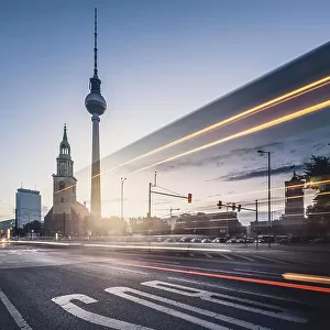 Berlin TV Tower with traces of light in the morning, Alexanderplatz, Berlin, Germany