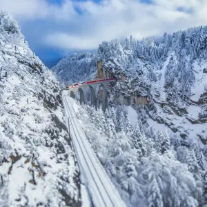Bernina Express Train Print in Snowy Woods Filisur Grisons Switzerland Bernina Express Train Print in Snowy Woods Filisur Grisons Switzerland