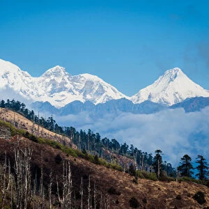 Bhutan, Paro, Chele La. View to Mt Jhomolhari from Cheli Pass