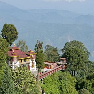 Bhutia Busty Gompa, Buddhist monastery, snow-covered Mt Kangchenjunga at the back, Darjeeling, Western Himalayas, West Bengal, India