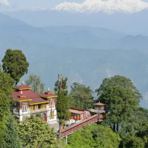 Bhutia Busty Gompa, Buddhist monastery, snow-covered Mt Kangchenjunga at the back, Darjeeling, Western Himalayas, West Bengal, India Bhutia Busty Gompa, Buddhist monastery, snow-covered Mt Kangchenjunga at the back, Darjeeling, Western Himalayas, West Bengal, India