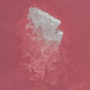 Birds-eye perspective showing a salt island in Laguna Colorada, Bolivia