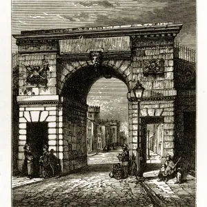 Bishops Gate in Londonderry, Derry, Donegal, Northern Ireland, Victorian Engraving, 1840 Bishops Gate in Londonderry, Derry, Donegal, Northern Ireland, Victorian Engraving, 1840