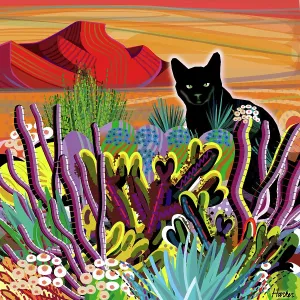 Black Cat in Desert Cactus Garden illustration