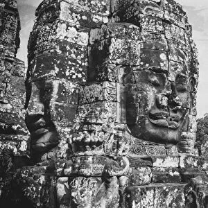 black and white buddha carving face of bayon temple the poppular temple