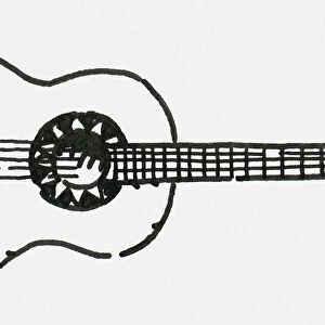 Black and white digital illustration of classical guitar